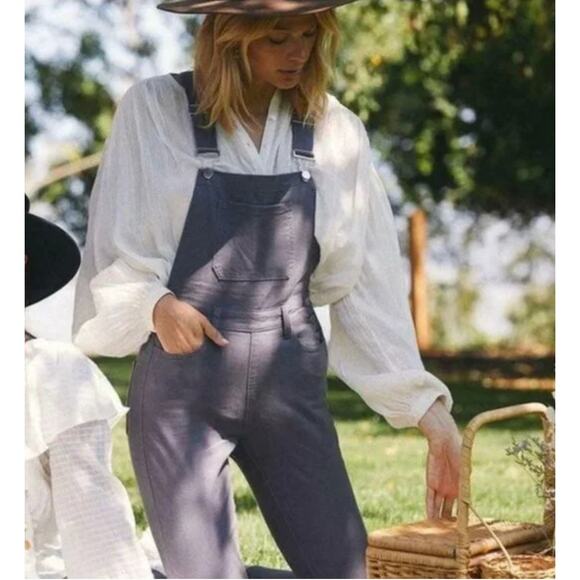 WE WORE WHAT Gray L Denim Overalls Cotton Suspender Button High Rise Skinny Leg - Picture 2 of 10